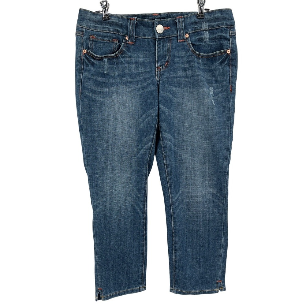 Seven7 Womens Mid Rise Capri Cropped Jeans Blue Embroidered Pockets Size 8